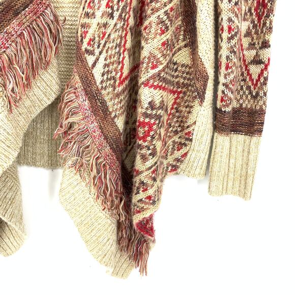 Lucky Brand Women's Size Medium Waterfall Front Cardigan Sweater Beige Red Print - Picture 4 of 6